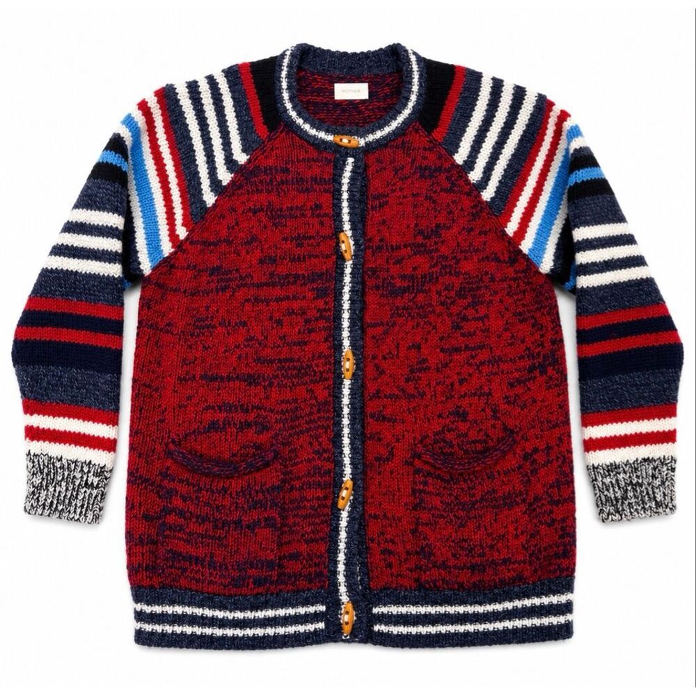 MOTHER Graphic Back Chunky Knit Cardigan Red Navy Striped Oversized Sweater